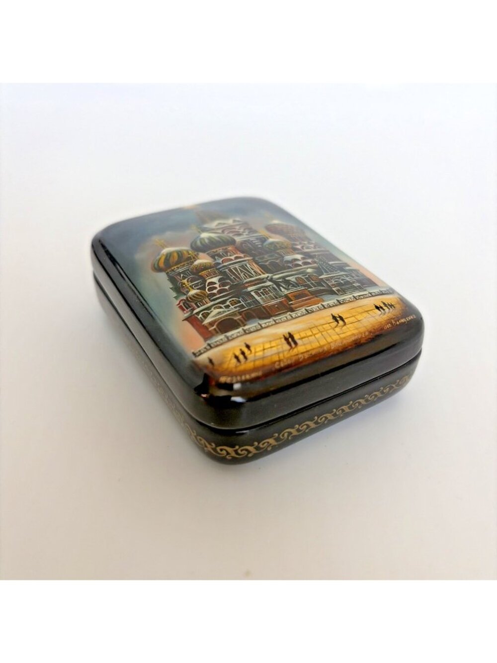Signed Fedoskino Russian Lacquer Box Volnukhina St Basil Mother of Pearl Vintage
